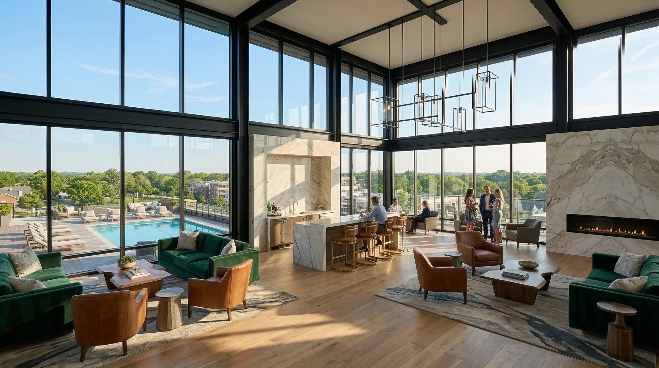 Interior of a luxury penthouse lounge featuring floor-to-ceiling windows, a marble fireplace, lounge seating, and views overlooking an outdoor pool deck.