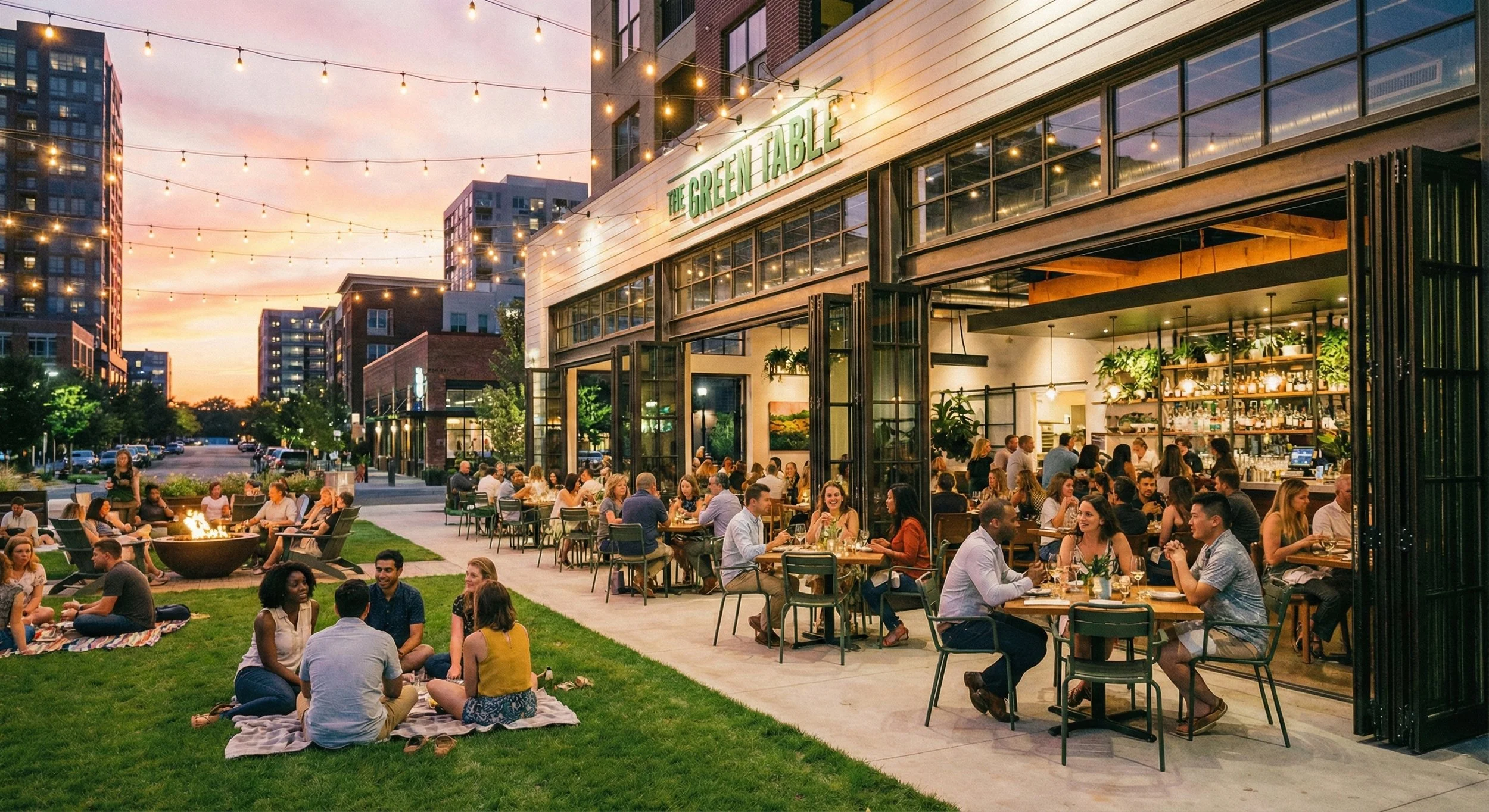 Mixed-use restaurant featuring accordion glass doors that open fully to a public central green. The image illustrates 'spill-out retail' design, showing how active edges increase seating capacity and drive commercial real estate value.