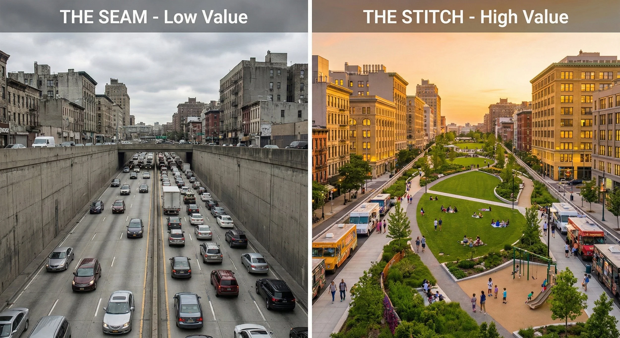 Split-screen comparison of a highway trench vs. a deck park, illustrating the real estate value of urban placemaking.