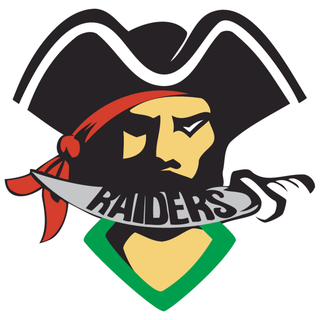 logo of a pirate with a cutlass in his mouth that says Raiders in capital letters