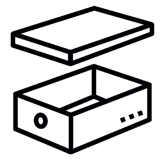 Outline drawing of a showbox size box with the lid hovering open above it.