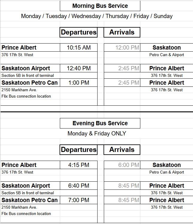 Bus schedule displaying morning and evening bus routes between Prince Albert, Saskatoon, and Saskatoon Airport, with departure and arrival times listed for each route.