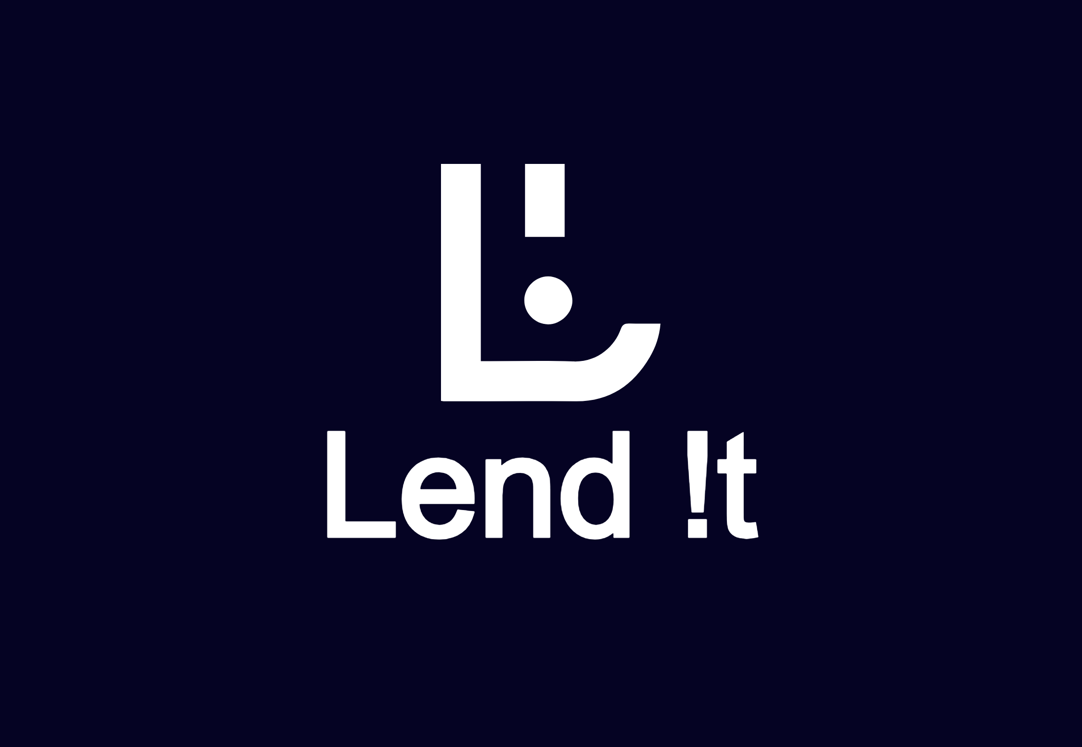 A dark blue background with a stylized white logo resembling a letter L combined with an exclamation point, above the phrase 'Lend It' in white text.