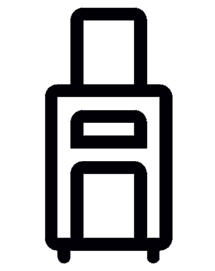 Outline drawing of a large, rolling suitcase with a handle on top and two compartments.