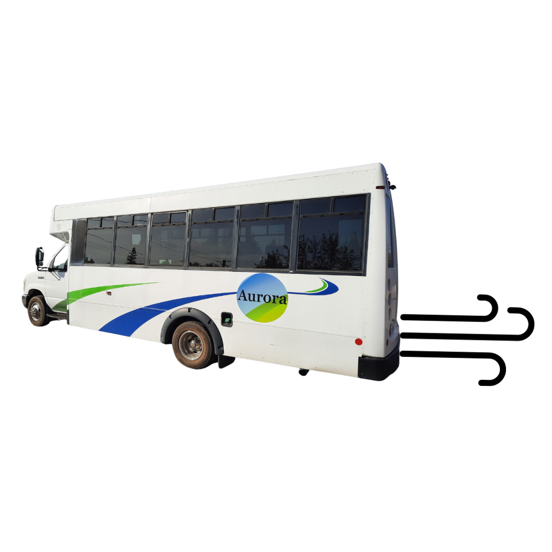 White bus with Aurora logo and wind lines indicating speed