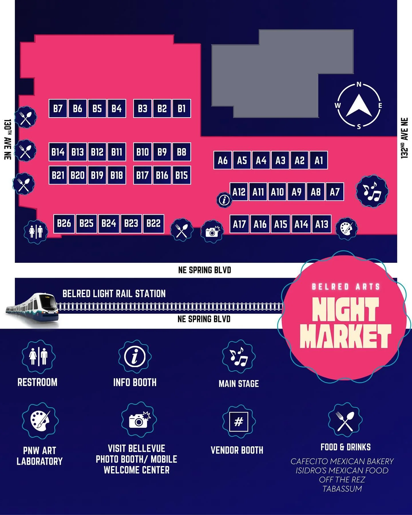 Our BelRed Arts Night Market map is now live! 🎉 See a bird&rsquo;s-eye view of what you can expect at the event tomorrow, 3-9PM at the BelRed Light Rail Station. See the full directory of artists and activities online + swipe left to see our full li