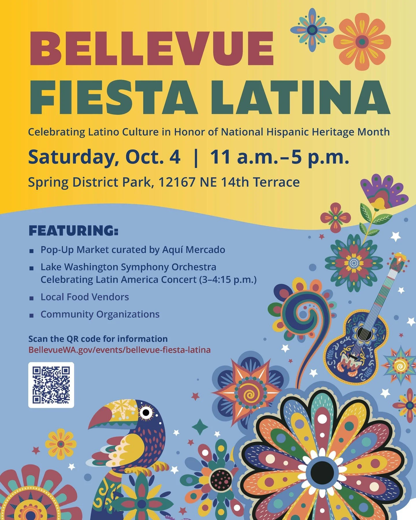 Celebrate Hispanic Heritage Month with us at Bellevue Fiesta Latina! Alongside @aquimercado.seattle's pop-up market, a concert by @lwsorchestra, local food vendors and community organizations, we will be tabling at the event with information about th