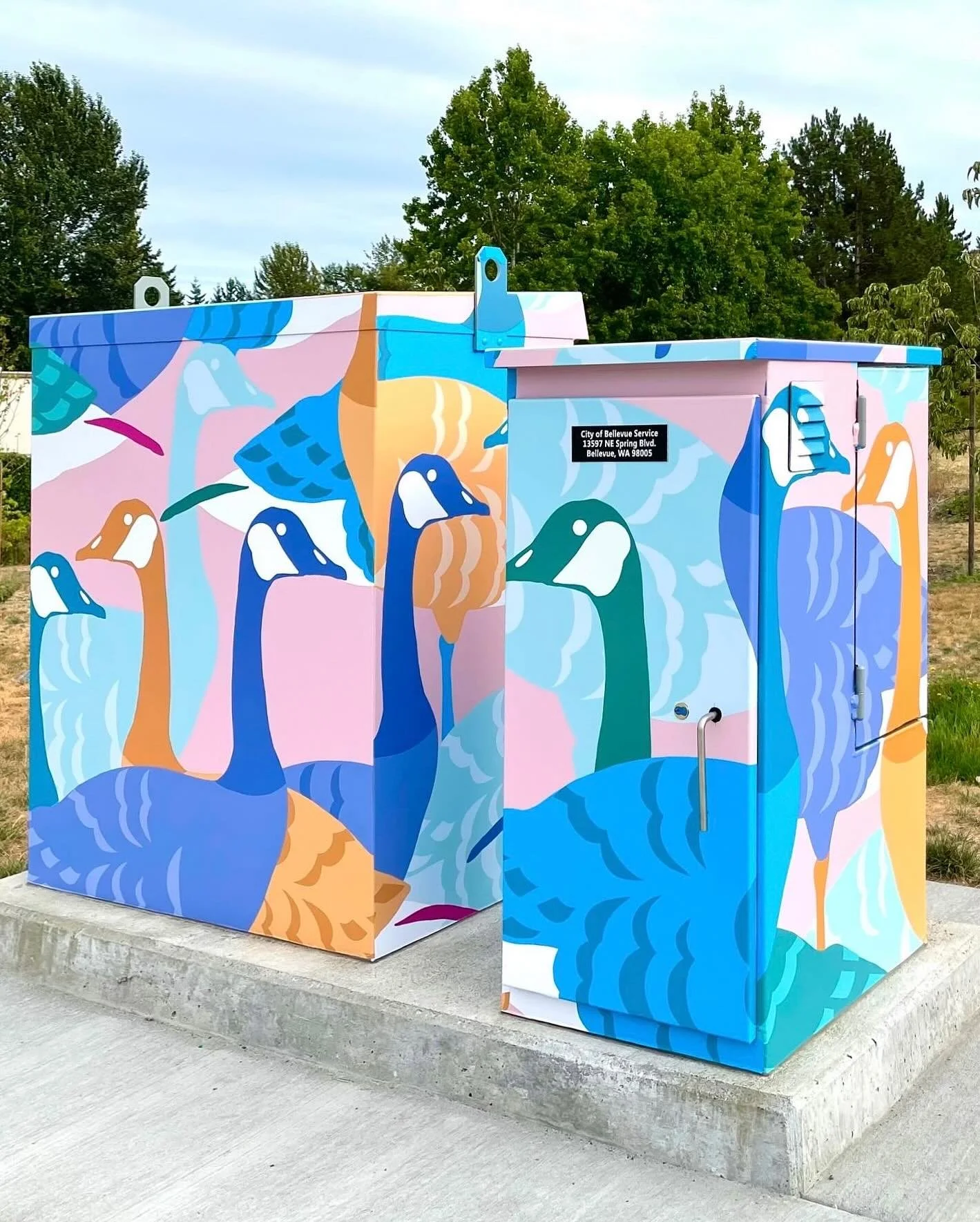In the BelRed Arts District, Raili J&auml;nese&rsquo;s Canada Geese utility box design brings vibrant color to NE Spring Boulevard and 136th Avenue NE, southeast corner. Raili is a visual art and design fanatic, a self taught artist from Estonia. Aft