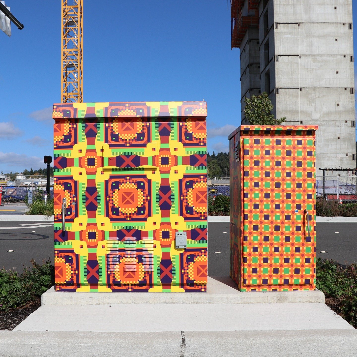 Another public artwork highlight in the BelRed Arts District! Located at NE Spring Boulevard and 124th Avenue NE, southwest corner, Marsha Rollinger's "Urban Tech" features patterns that have an urban and tech feel relating to the establish