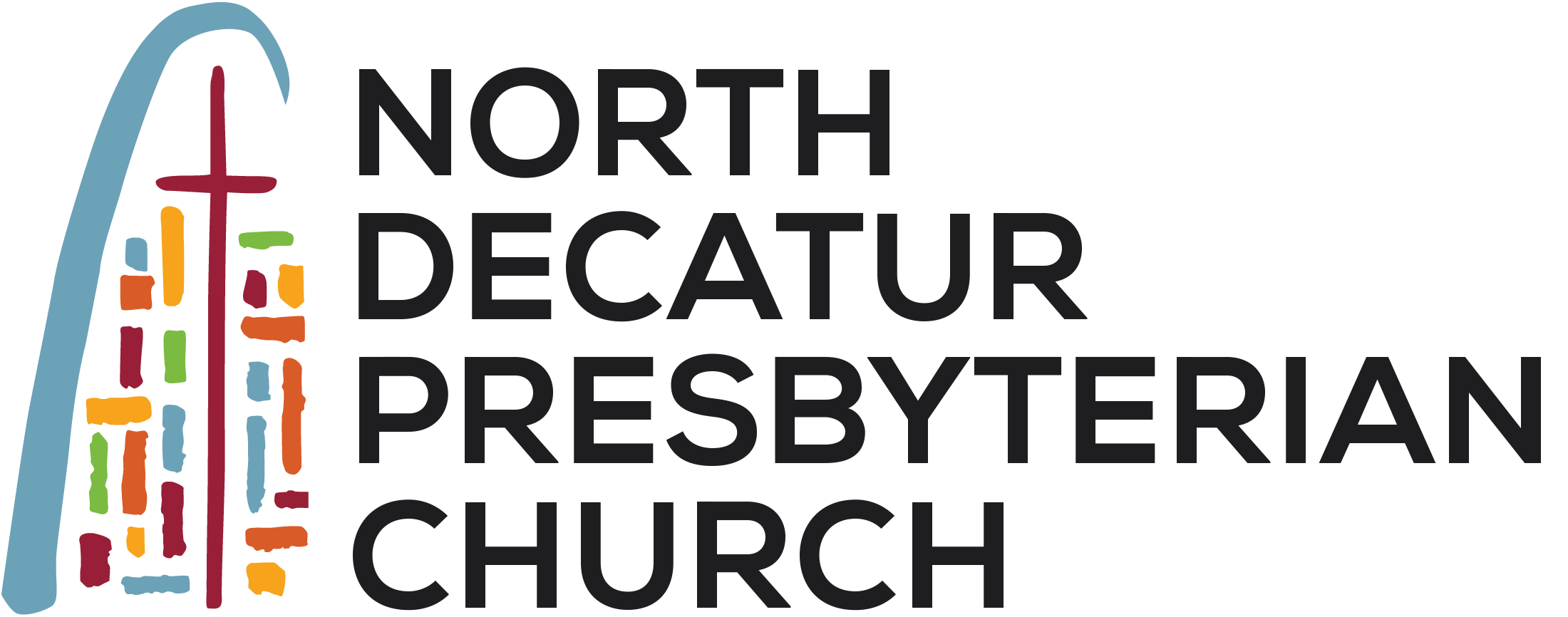 Logo of North Decatur Presbyterian Church featuring a stylized rainbow with multicolored vertical lines and a red cross in the center.
