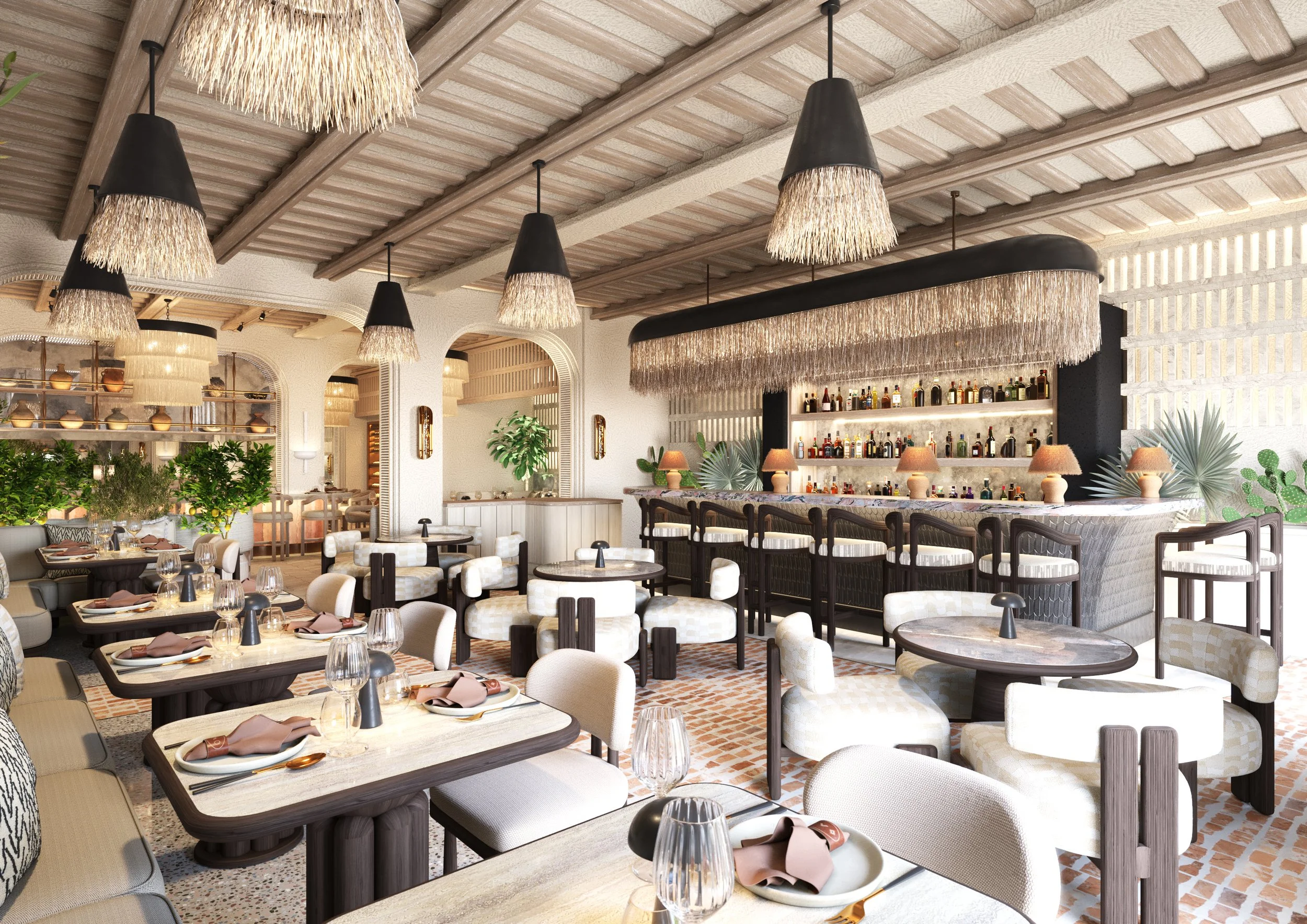 A rendering of the Fenix Mayfair bar with the bar front showing a blackened metal feather motif, the back bar is made up of backlit bricks and mirror. There are grass and metal lampshades throughout the space. White plaster and arched entrances.