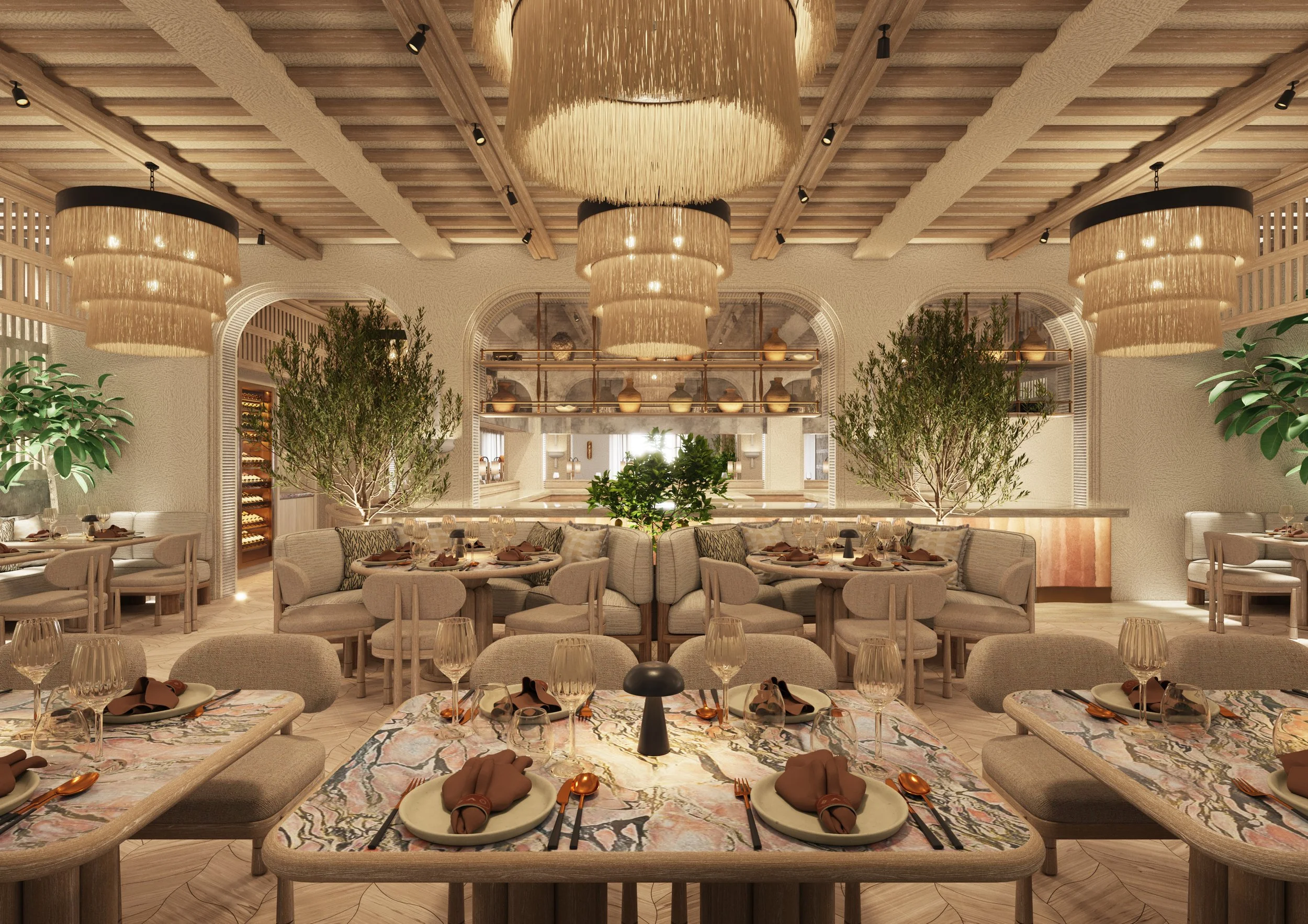 Rendering of the main restaurant dining space, with natural fibre pendants overhead and the open kitchen in the background