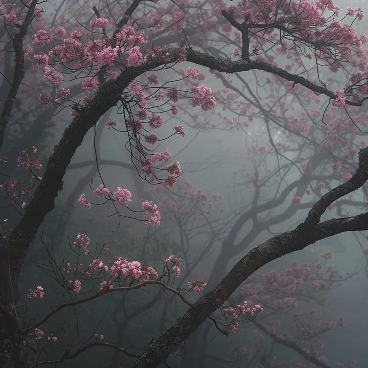 A Japanese Cherry Blossom tree in the fog.