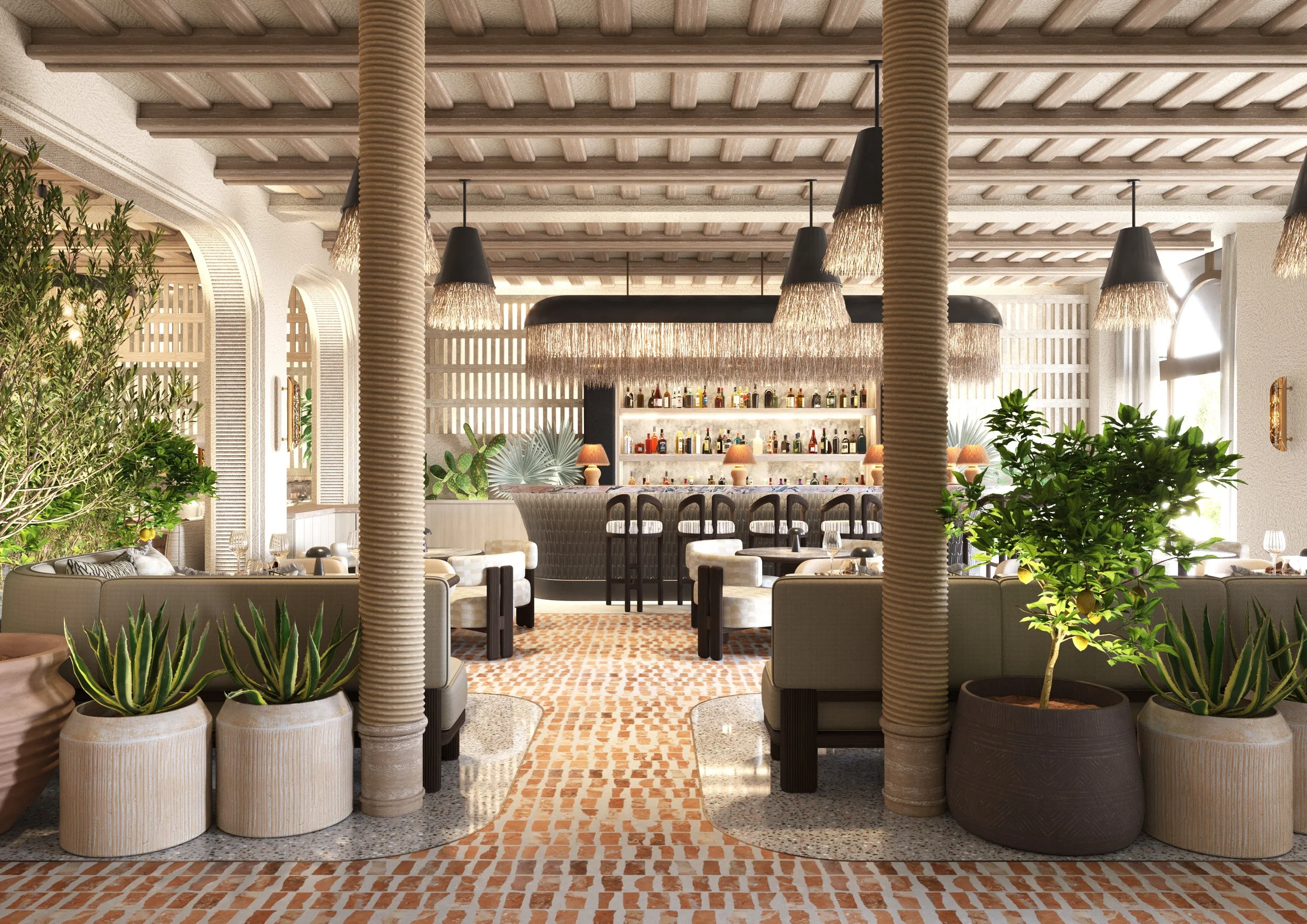 A visual of a bar through the framed view of rope columns. The bar has a backlit brickwall behind and feather motif on the bar front. Metal and grass lampshades hang from the ceiling.