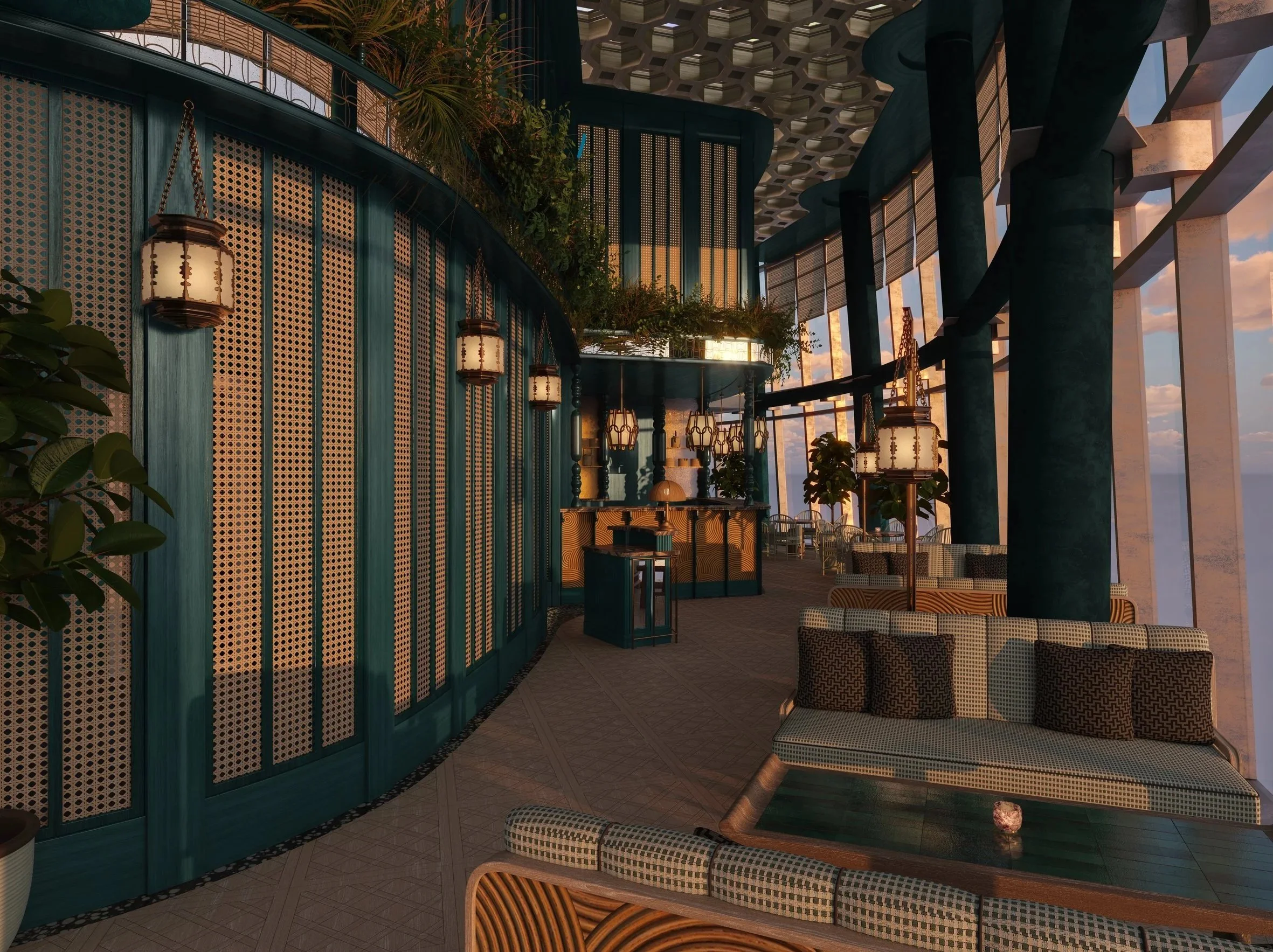 The Sushi Lounge invites guests to relax indoors, enjoying fresh sushi while taking in views of the Dubai Skyline. High-level foliage and lacquered finishes evoke the tranquil ambiance of a garden tea house, blending nature with refined elegance.