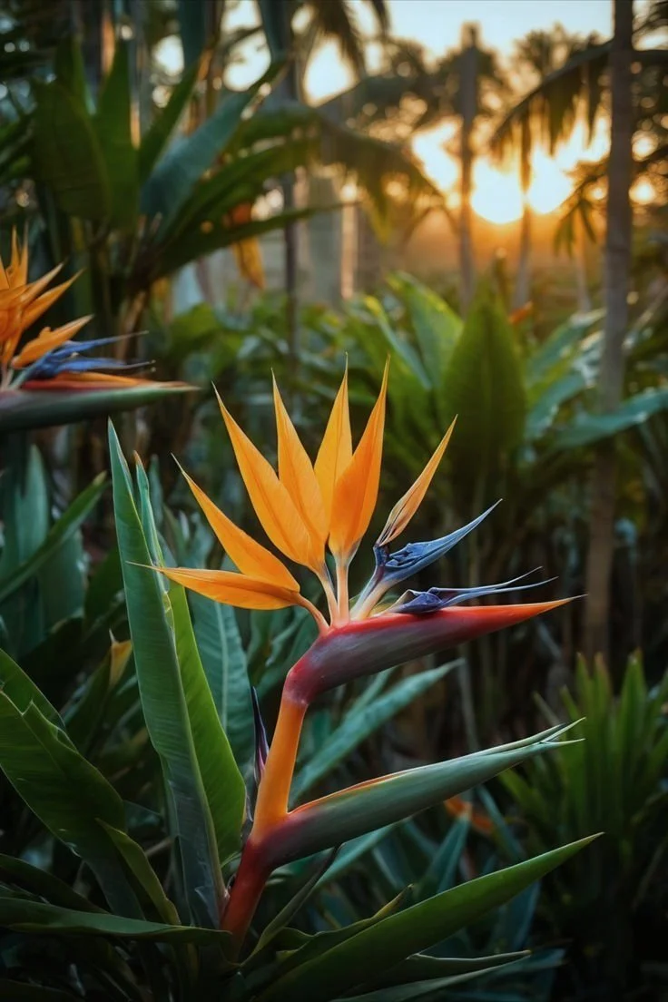 Close-up of a vibrant orange and blue bird of paradise flower with lush green foliage and a setting sun in the background.
