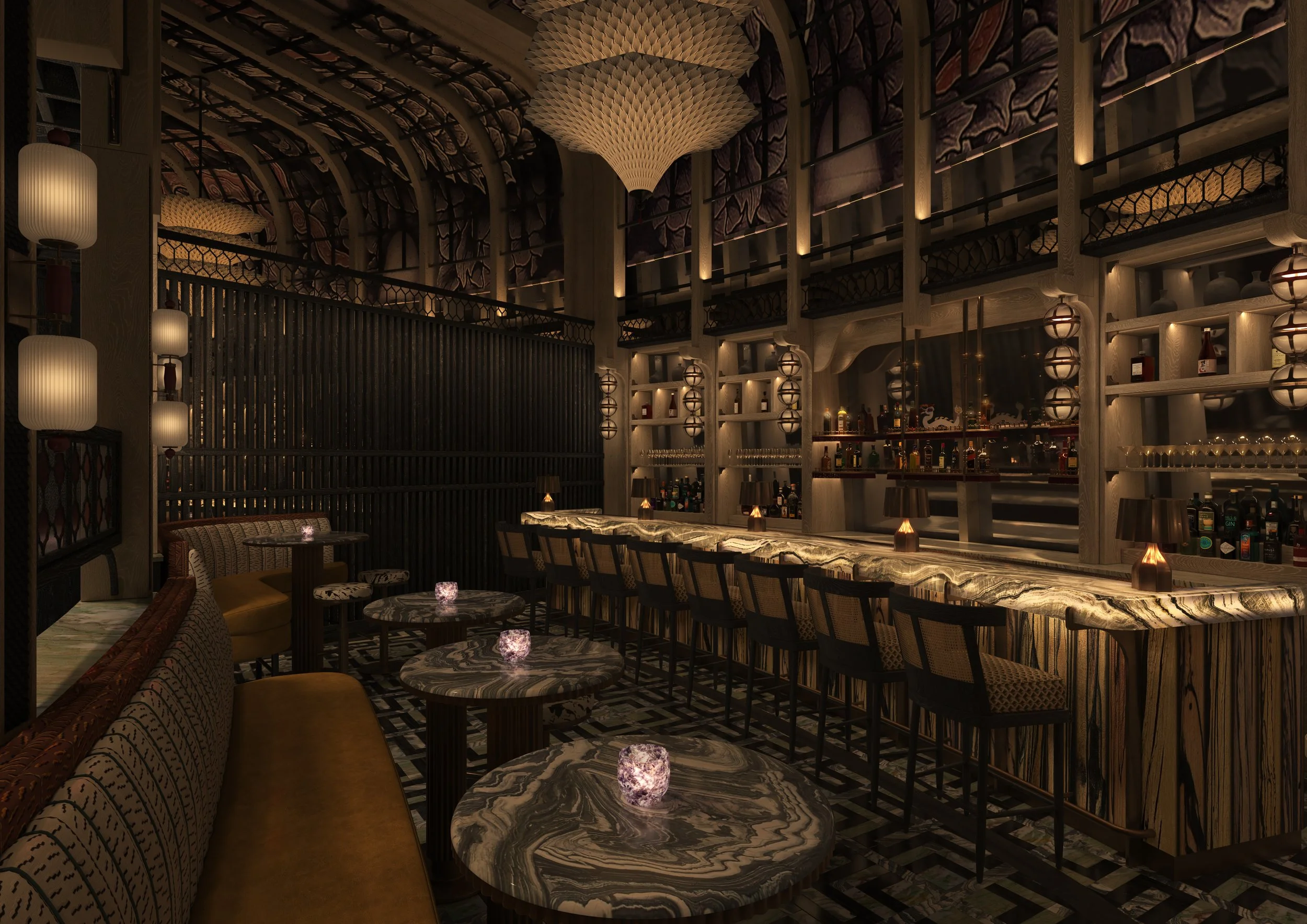 The White Dragon bar glistens in the warm orange glow of the setting sun, with a back bar perfectly framing views of the Dubai Wheel. A custom marble floor, inspired by traditional Chinese patterns, pairs seamlessly with bespoke furniture.