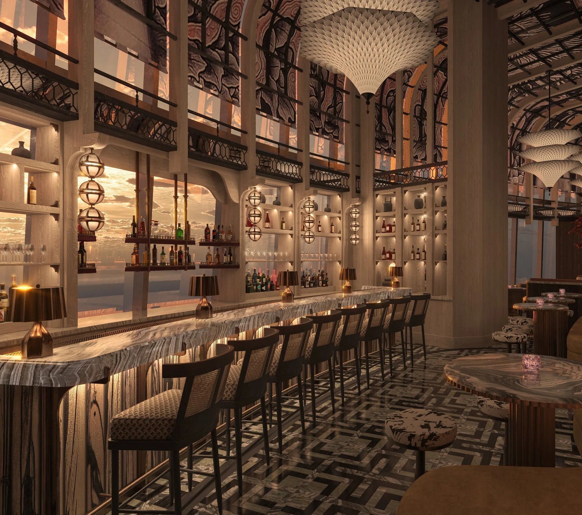 The White Dragon bar glistens in the warm orange glow of the setting sun, with a back bar perfectly framing views of the Dubai Wheel. A custom marble floor, inspired by traditional Chinese patterns, pairs seamlessly with bespoke furniture.