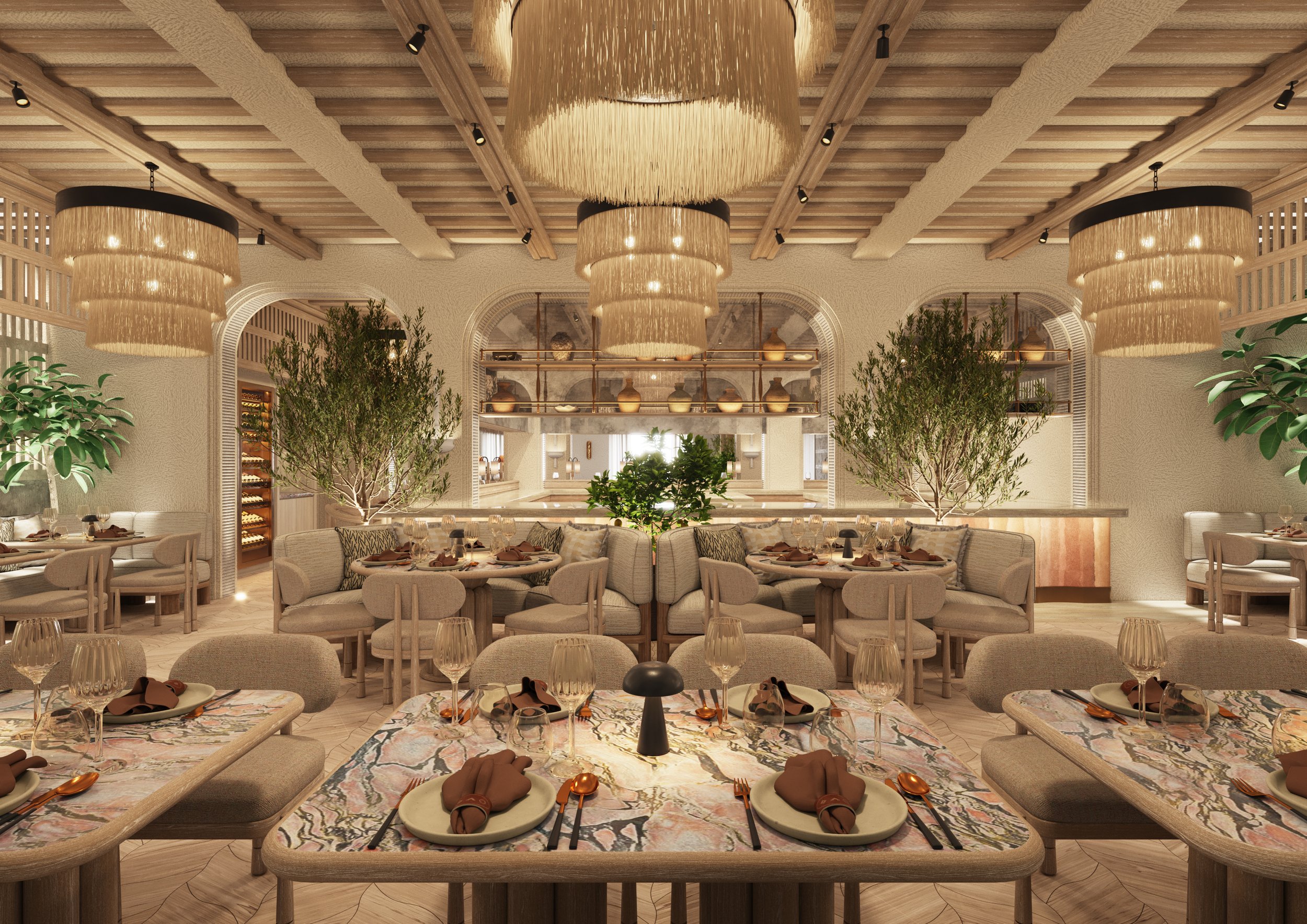 The main dining room of the Fenix Mayfair concept. Large grassy pendants overhead and the open kitchen visible through archways in the background.  