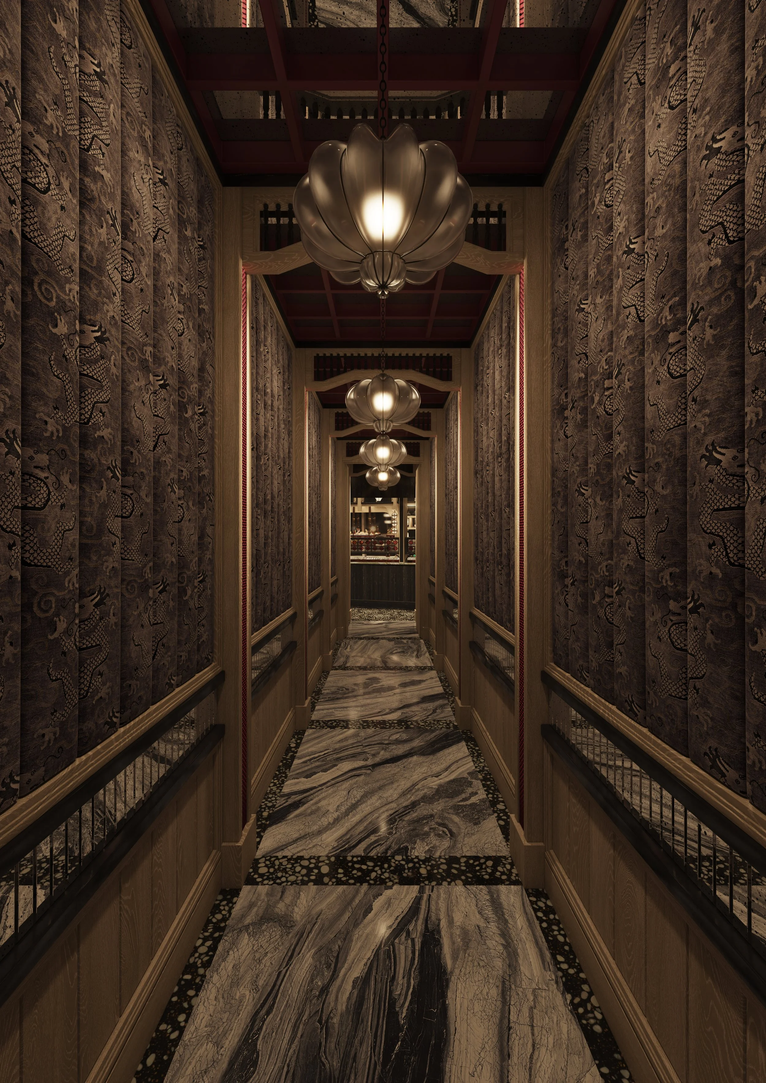 A corridor guiding guests to distinct realms: the White Dragon, home to a stunning sunset bar with panoramic views of Dubai’s skyline. Wallcovering showing White Dragons on heavily upholstered panels. Hand blown glass pendants over head. Marble floor