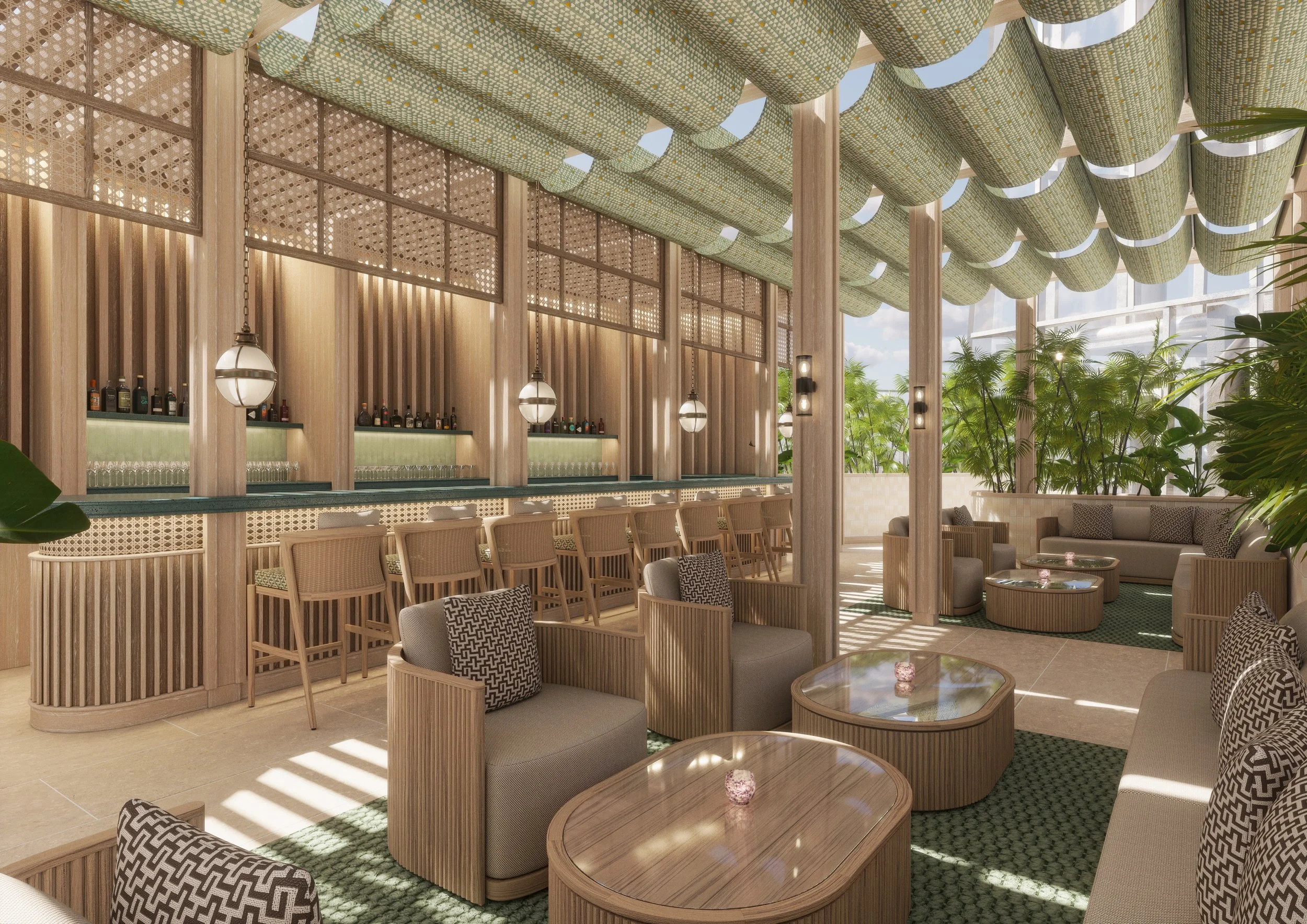 The pool bar draws inspiration from the simplicity of contemporary Asian design, creating a zen-like retreat in the heart of Dubai. Natural timbers and fibers ground the space in nature, while lush foliage, aqua fabrics enhance the serene atmosphere.