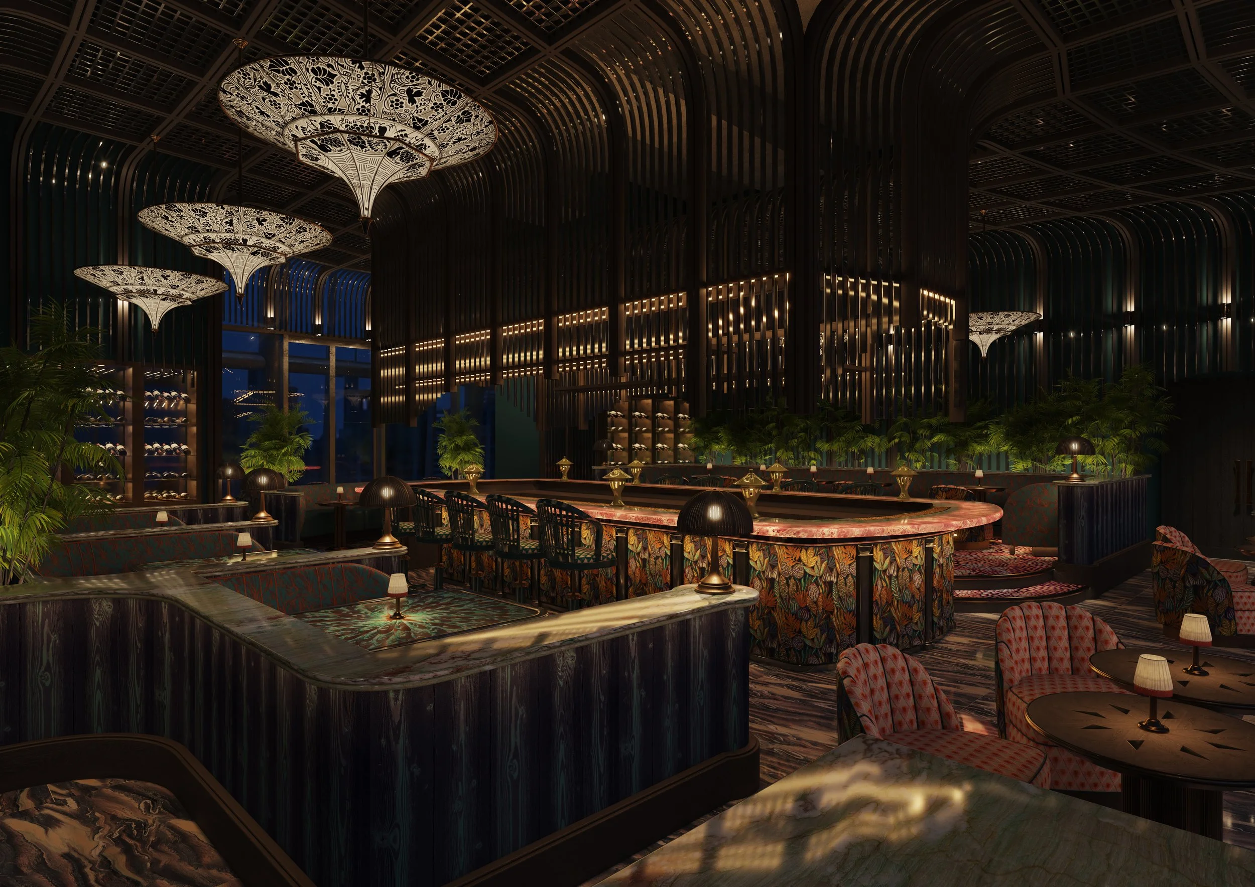 Layers of bold, patterned fabrics and vibrant colours inspired by the mythical Phoenix are accentuated by a glowing pink counter, adding a dynamic and eccentric touch to the rooftop bar’s striking design.