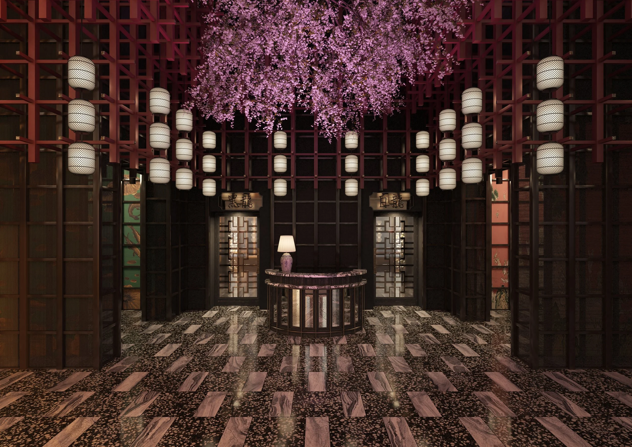 Guests enter a triple-height space inspired by a Chinese courtyard, anchored by TATTU’s sweeping cherry blossom tree over the central reception. To either side, dedicated receptions welcome visitors to explore the multi-story F&B experience.
