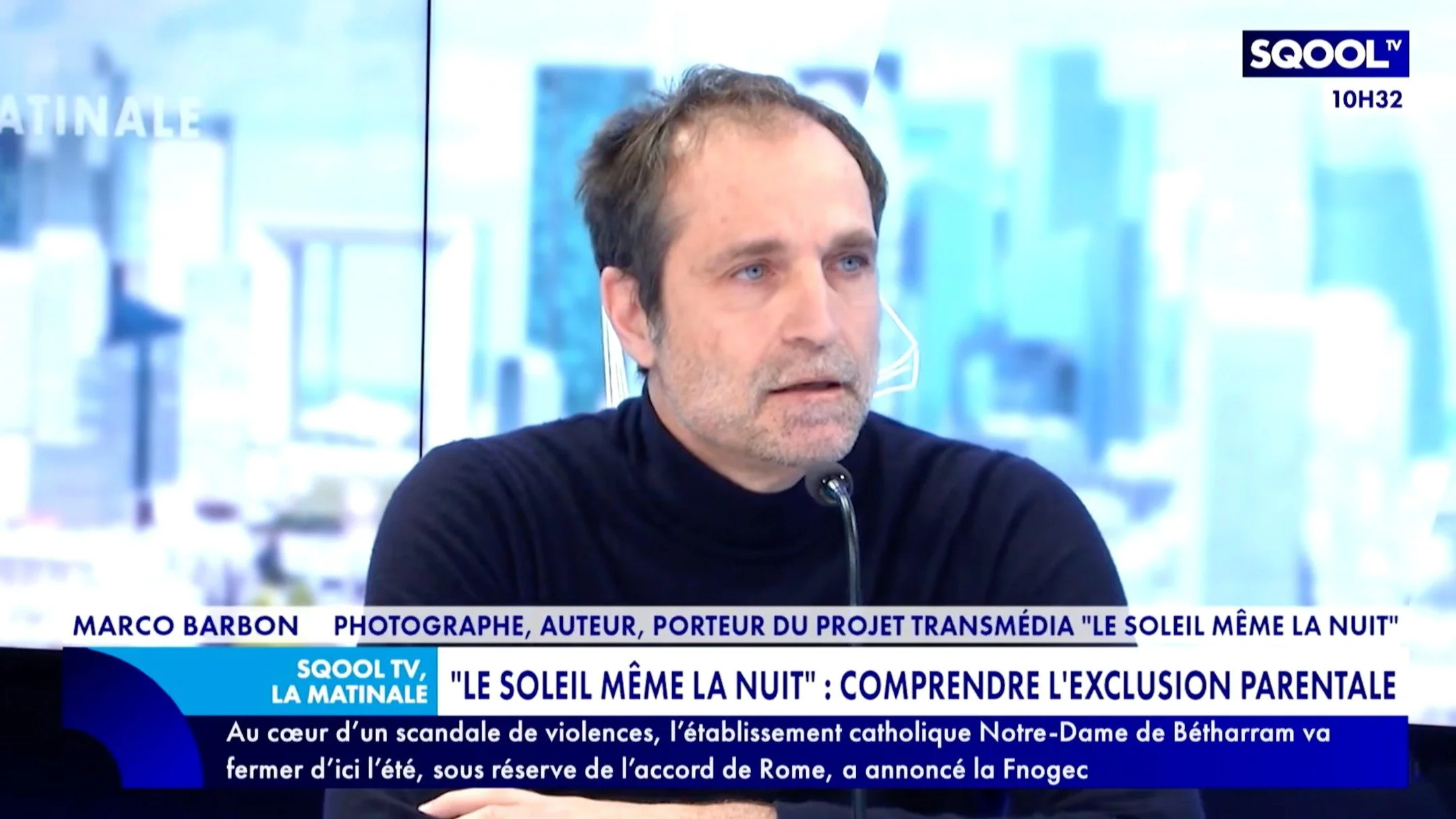Notre projet transm&eacute;dia LE SOLEIL M&Ecirc;ME LA NUIT a fait l'objet de l'&eacute;mission La Matinale sur SQOOL TV, le 26 janvier 2026. 
L'&eacute;mission, pr&eacute;sent&eacute;e par Patrice Boisfer, a abord&eacute; le sujet de l'exclusion par