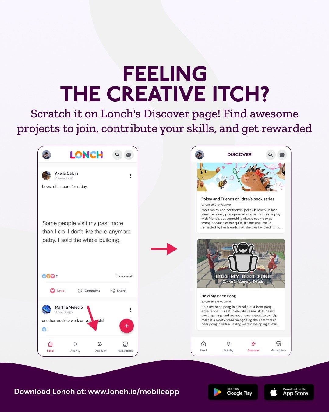 **Feeling the creative itch? Scratch it on Lonch's Discover page! **

Find awesome projects to join forces with, contribute your skills, and get rewarded for your awesomeness. No project of your own yet? No sweat! The Discover page is bursting with i