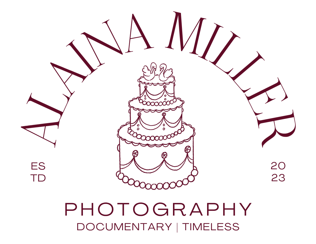 The logo for a Detroit Wedding Photographer that shows her name and a hand-drawn three tiered wedding cake with two swans on top.