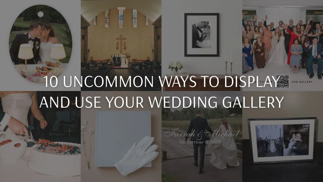 A collage of unique wedding photo display ideas