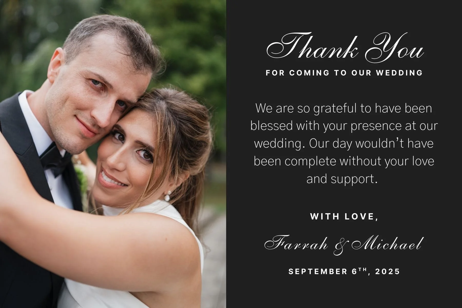 A thank you card from a wedding couple featuring a photo of them smiling at the camera.