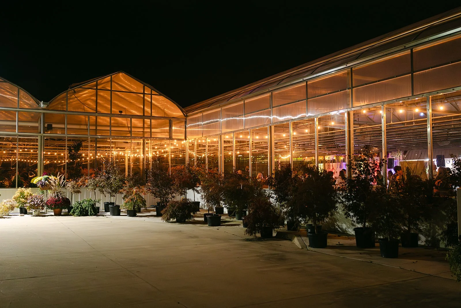 Exterior shot of a lively Abele Greenhouse wedding reception in Saginaw, Michigan.