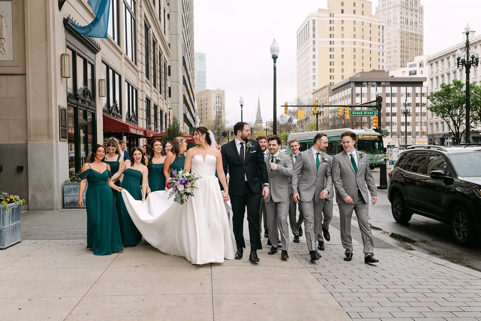 Downtown Detroit wedding party photos.