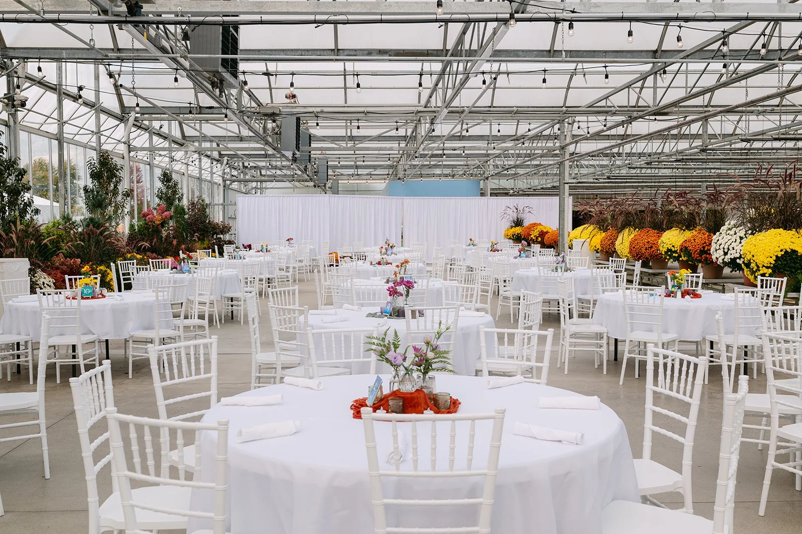 Indoor Abele Greenhouse wedding reception set up in Saginaw, Michigan.