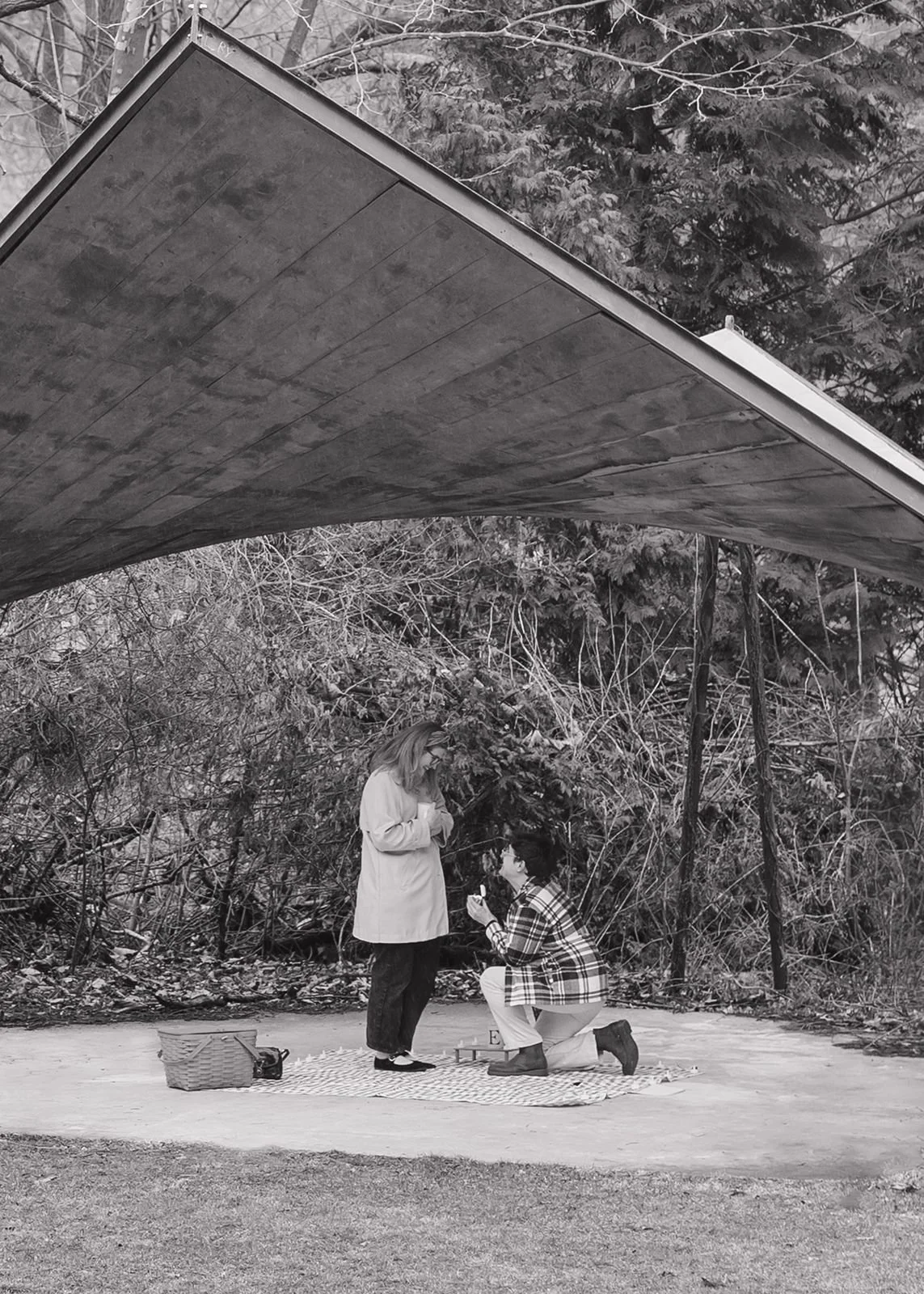 Black and white proposal photo of man on one knee during a romantic picnic proposal at Nichols Arboretum Ann Arbor