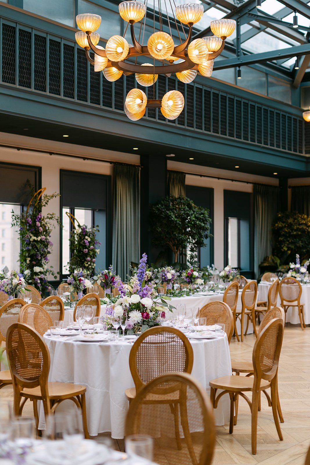 Indoor Book Tower wedding reception setup in The Conservatory.