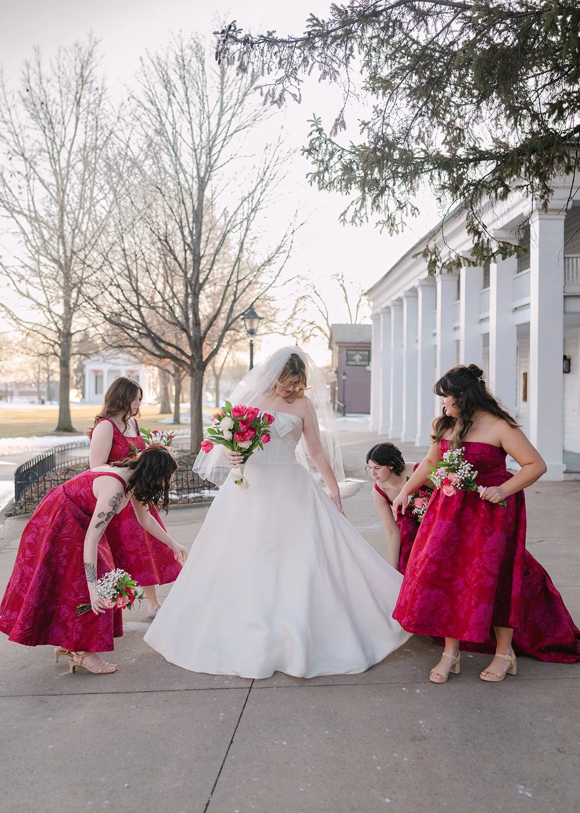 Outdoor bride and bridesmaids photos at Greenfield Village.