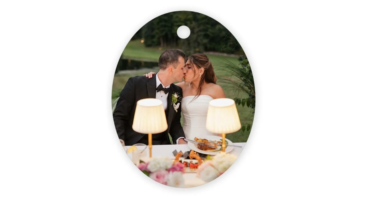 A mock up of a Wedding Photo Christmas ornament