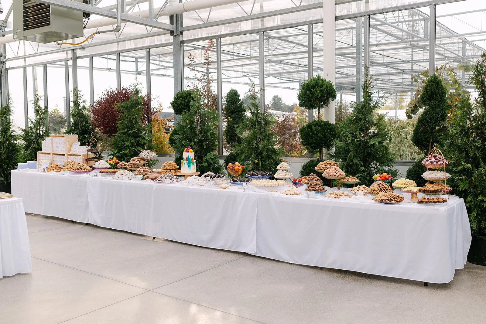 Dessert table during Abele Greenhouse wedding reception in Saginaw, Michigan.