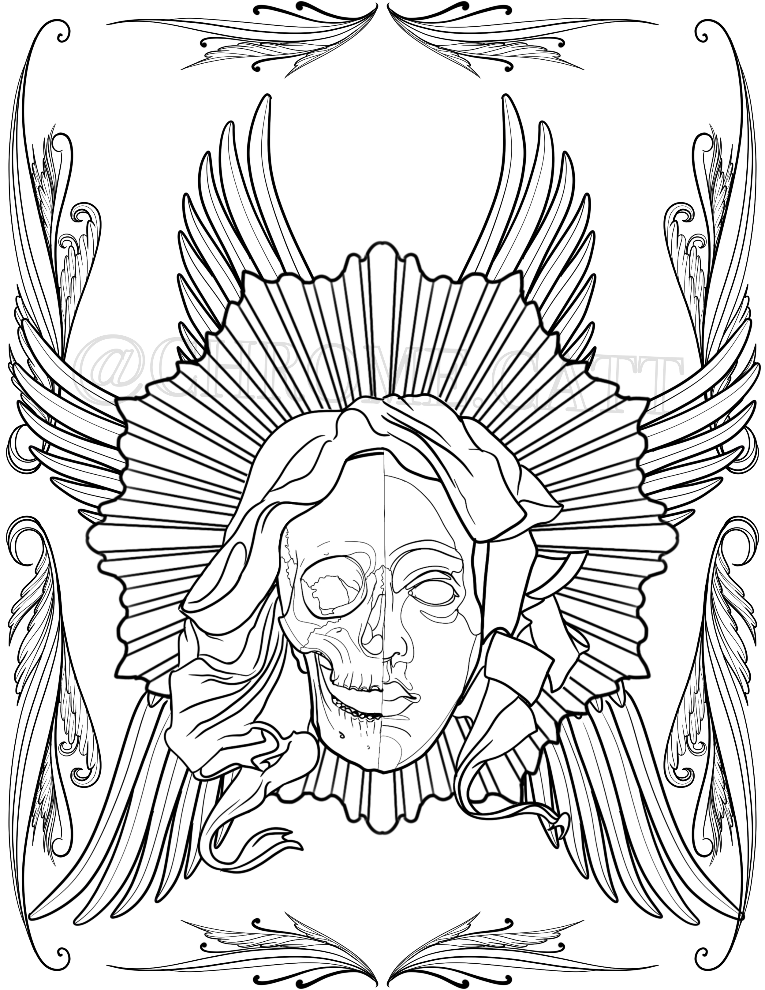 A black and white line drawing of a human face, half skull and half flesh, with large feathered wings and decorative swirling lines around it.