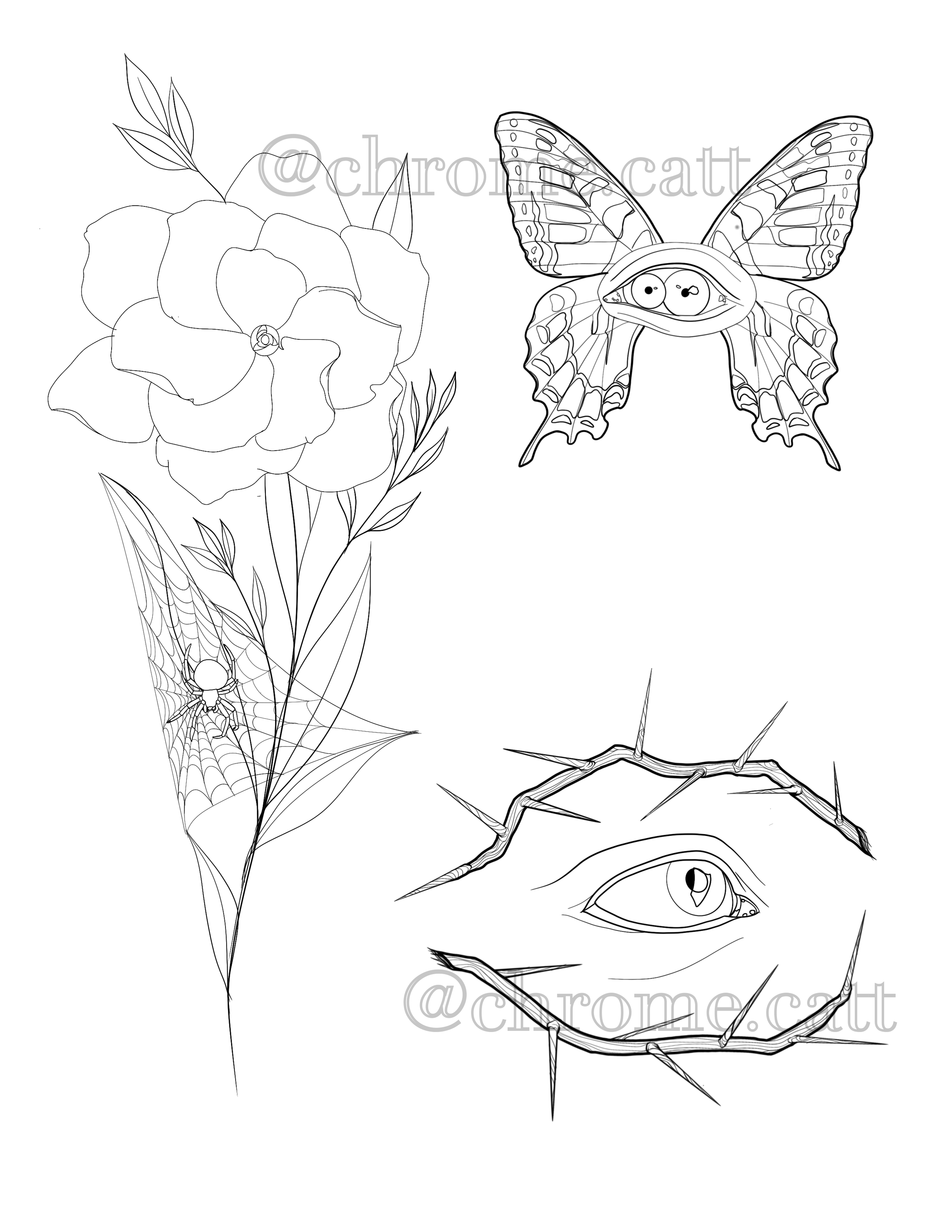 Line drawing of a flower with leaves, a spider web with a spider, a butterfly with detailed wings, and an eye surrounded by thorny branches.