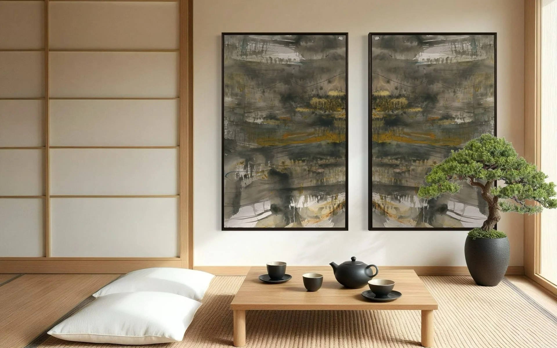 a pair of framed decorative wall panel artworks with an original digital print of a modern abstract ink painting for luxury interiors by Marrikur Studios