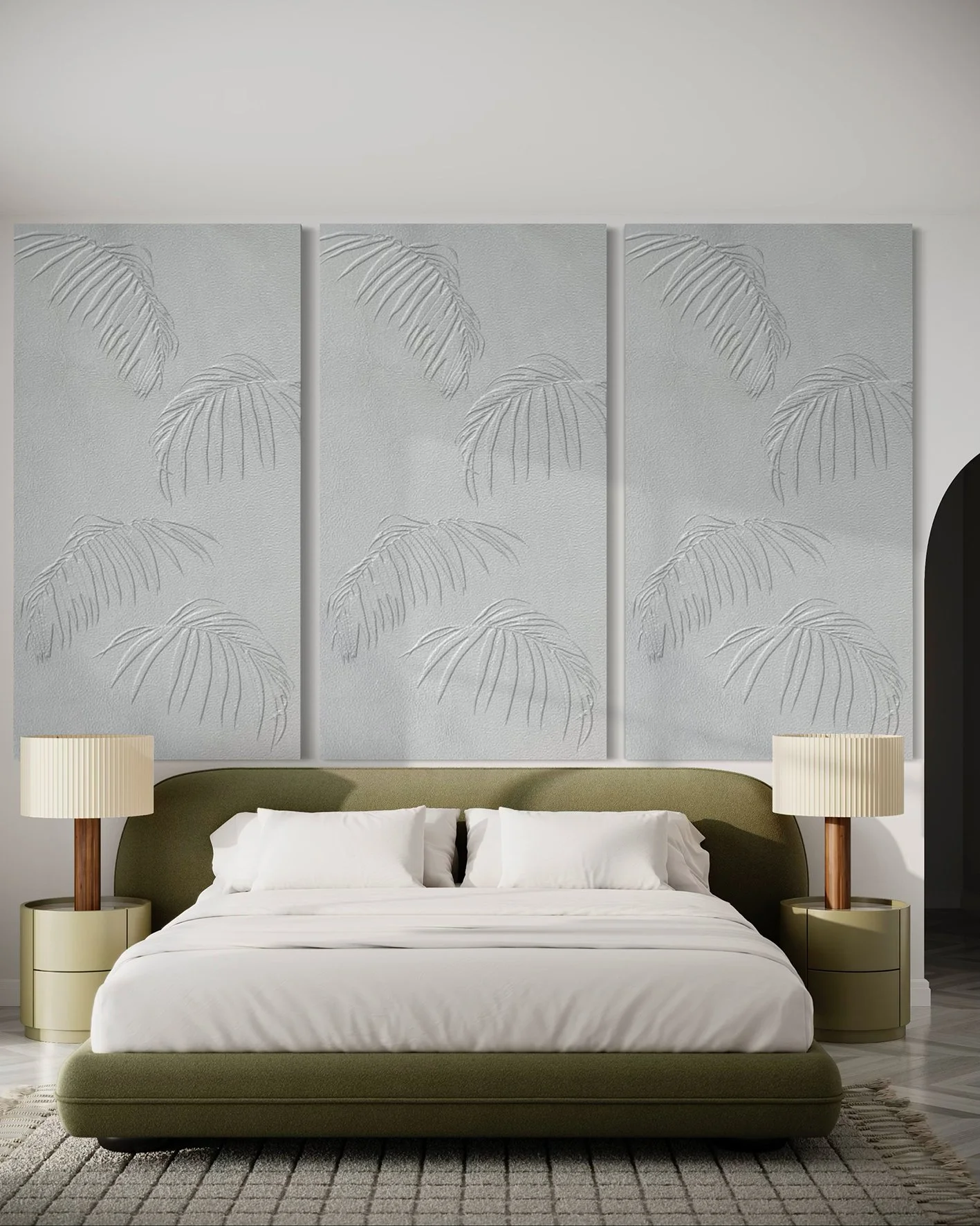 a triptych of tropical leaves and palms in a bas relief style made in white neutral leather in a contemporary bedroom design for hospitality projects