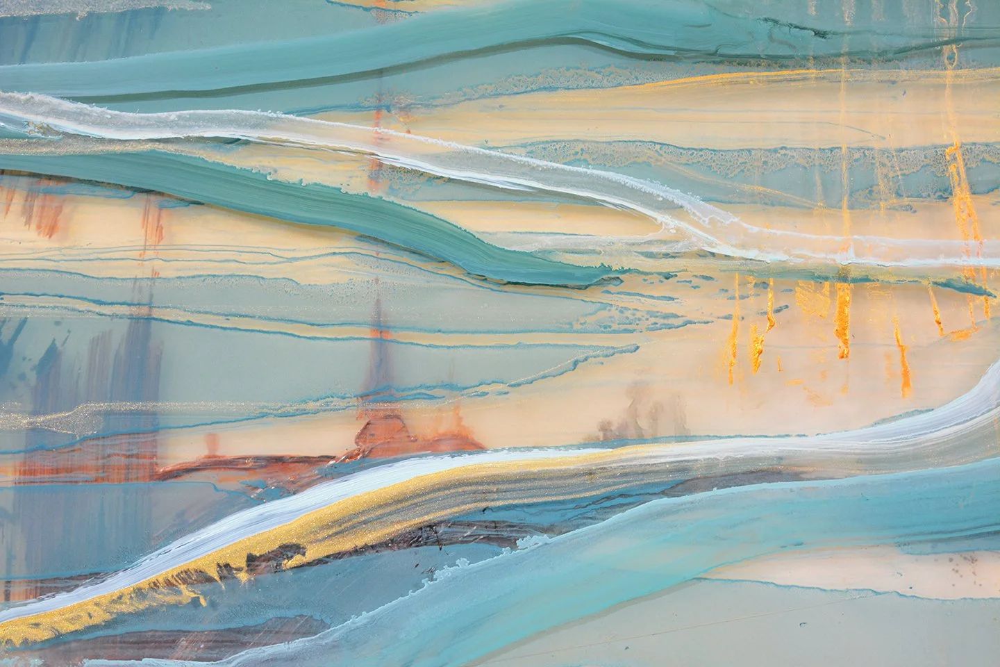 an contemporary oil painting of an abstract interpretation of water and land in teal shades of blue and sandy colours on several layers of glass by fine artist Neale marriott