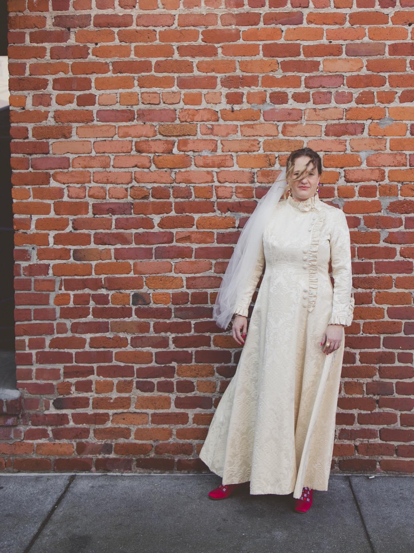 Vintage brocade coat dress in ivory
by Emma Domb
Iconic San Francisco mid-century dressmaker line 

Available, and would be STUNNING for a City Hall ceremony!
Ty
Size medium-ish, approx 30&rdquo; waist. DM for details!