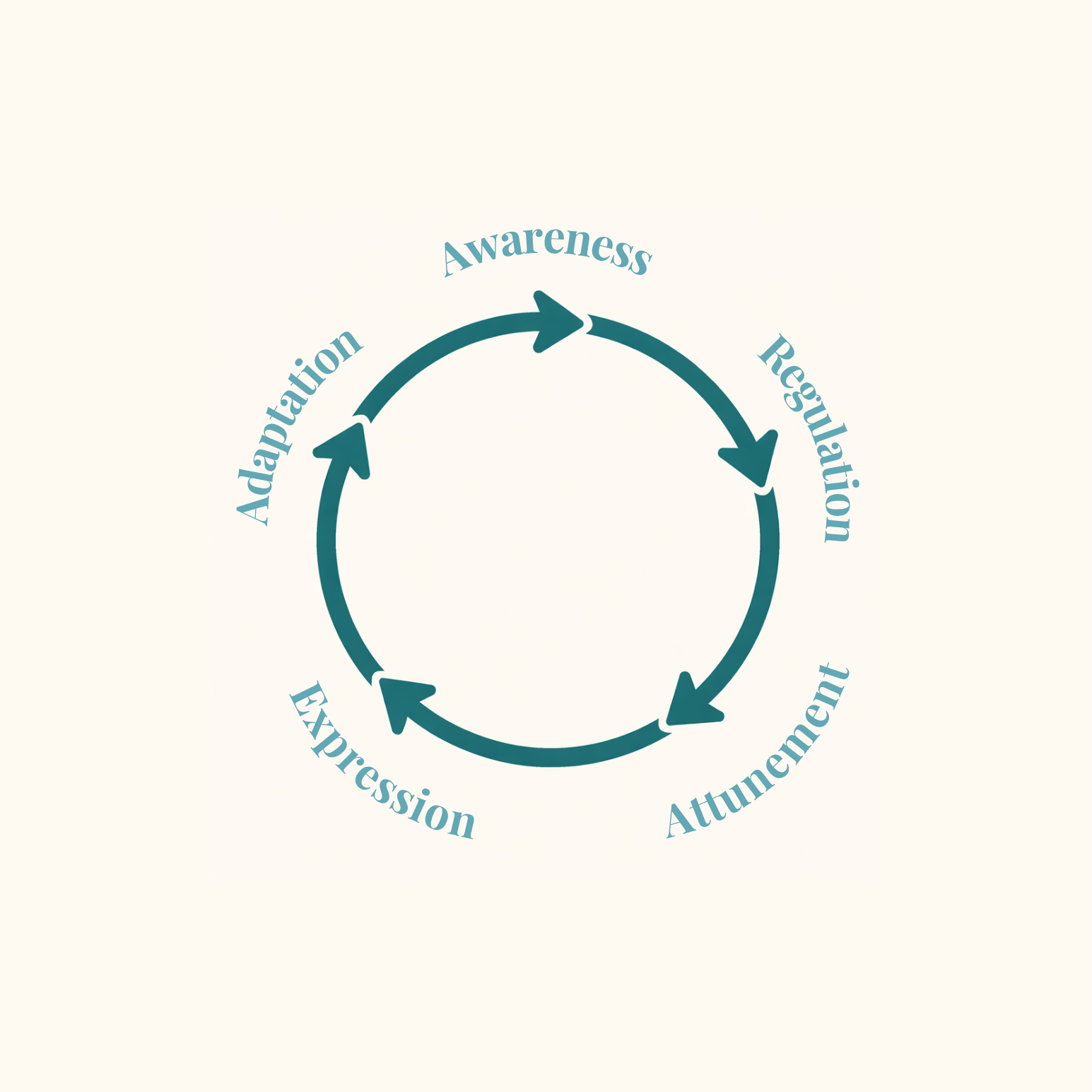 A circular diagram illustrating the cycle of behavior change with the steps: Awareness, Regulation, Attunement, Expression, Adaptation.