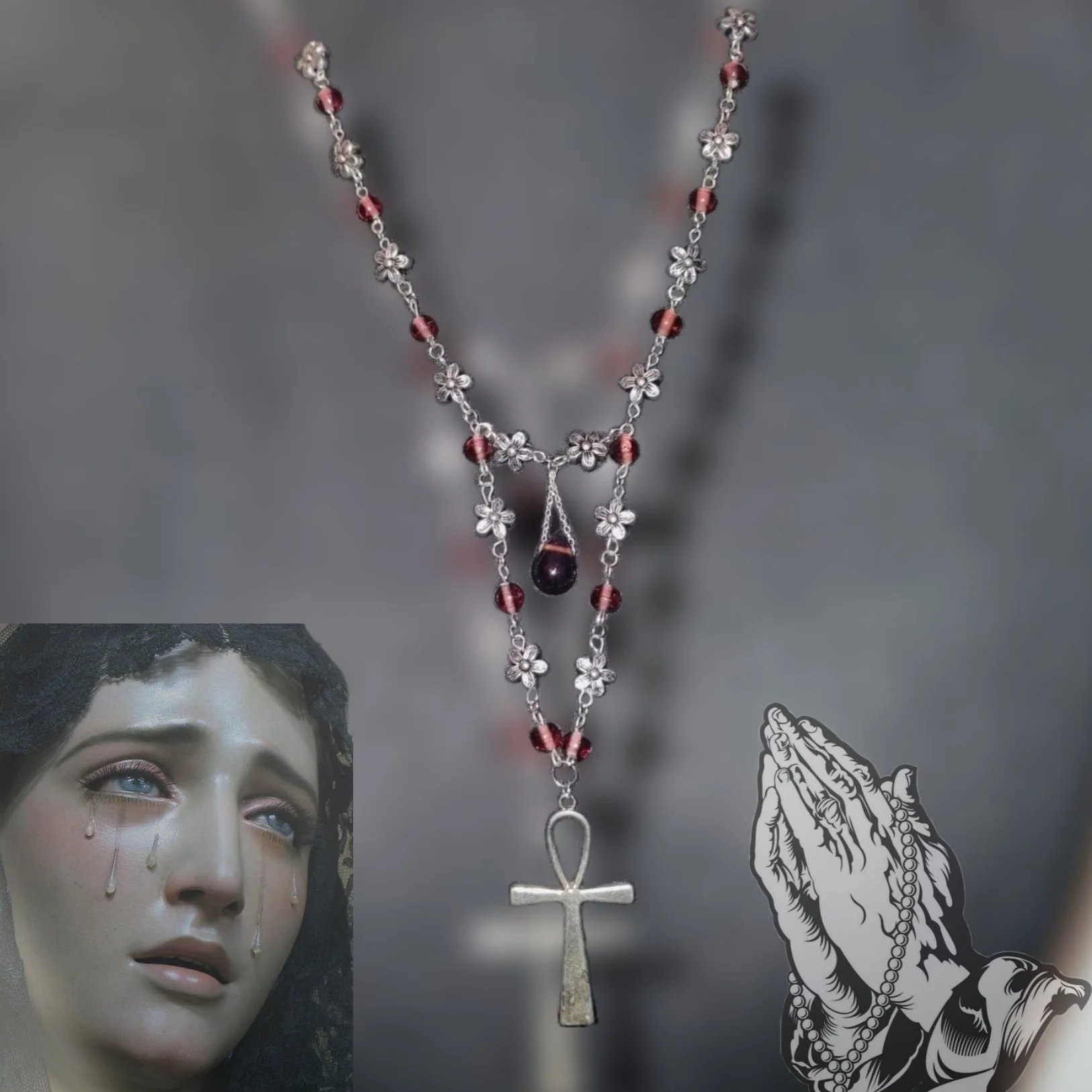 Rosary necklace with ankh and flowers