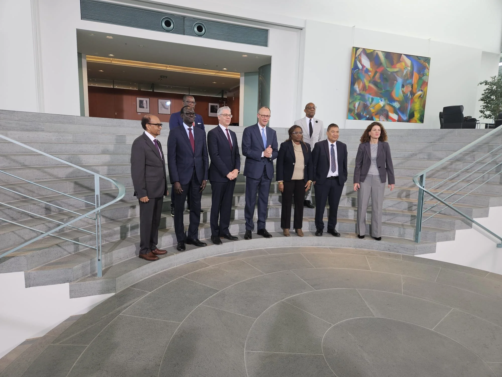 Dr. Philbert Aaron with German Chancellor Friedrich Merz (4th from left) and fellow UN Permanent Representative on official diplomatic business in Berlin, Germany, April 2026.