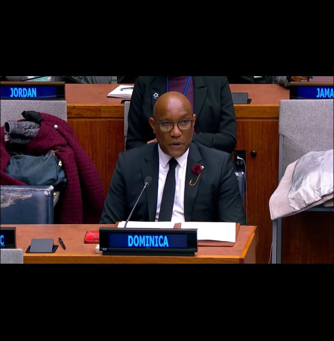 Dr. Philbert Aaron addresses the UN's Informal Ad Hoc Working Group on Mandate Implementation Review as Chair of the Caribbean Community (CARICOM) Caucus of Permanent Representatives — New York, December 2025.